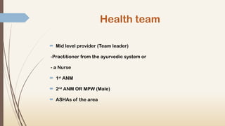 Health team
 Mid level provider (Team leader)
-Practitioner from the ayurvedic system or
- a Nurse
 1st
ANM
 2nd
ANM OR MPW (Male)
 ASHAs of the area
 