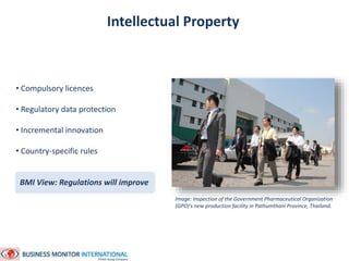 Intellectual Property 
Image: Inspection of the Government Pharmaceutical Organization 
(GPO)’s new production facility in Pathumthani Province, Thailand. 
• Compulsory licences 
• Regulatory data protection 
• Incremental innovation 
• Country-specific rules 
BMI View: Regulations will improve 
 