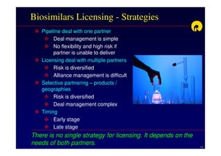 Biosimilars Licensing - Strategies
   Pipeline deal with one partner
        Deal management is simple
        No flexibility and high risk if
        partner is unable to deliver
   Licensing deal with multiple partners
        Risk is diversified
        Alliance management is difficult
   Selective partnering – products /
   geographies
        Risk is diversified
        Deal management complex
   Timing
        Early stage
        Late stage
There is no single strategy for licensing. It depends on the
needs of both partners.
                                                               17
 