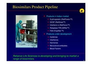 Biosimilars Product Pipeline

                               Products in Indian market
                                  Erythropoietin (ReliPoietin™)
                                  GCSF (ReliGrast™)
                                  Interferon    (ReliFeron™)
                                  Reteplase TPA (MIRel™)
                                  FSH (FostiRel ™)
                               Products under development
                                  Cytokines
                                  Interferons
                                  Hormones
                                  Monoclonal antibodies
                                  Blood Factors



Reliance Life Sciences is developing and bringing to market a
range of biosimilars.
                                                                  20
 