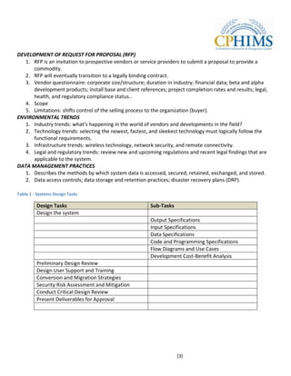 DEVELOPMENT OF REQUEST FOR PROPOSAL (RFP)
   1. RFP is an invitation to prospective vendors or service providers to submit a proposal to provide a
      commodity.
   2. RFP will eventually transition to a legally binding contract.
   3. Vendor questionnaire: corporate size/structure; duration in industry; financial data; beta and alpha
      development products; install base and client references; project completion rates and results; legal,
      health, and regulatory compliance status..
   4. Scope
   5. Limitations: shifts control of the selling process to the organization (buyer).
ENVIRONMENTAL TRENDS
   1. Industry trends: what’s happening in the world of vendors and developments in the field?
   2. Technology trends: selecting the newest, fastest, and sleekest technology must logically follow the
      functional requirements.
   3. Infrastructure trends: wireless technology, network security, and remote connectivity.
   4. Legal and regulatory trends: review new and upcoming regulations and recent legal findings that are
      applicable to the system.
DATA MANAGEMENT PRACTICES
   1. Describes the methods by which system data is accessed, secured, retained, exchanged, and stored.
   2. Data access controls; data storage and retention practices; disaster recovery plans (DRP).

Table 1 - Systems Design Tasks

         Design Tasks                                    Sub-Tasks
         Design the system
                                                         Output Specifications
                                                         Input Specifications
                                                         Data Specifications
                                                         Code and Programming Specifications
                                                         Flow Diagrams and Use Cases
                                                         Development Cost-Benefit Analysis
         Preliminary Design Review
         Design User Support and Training
         Conversion and Migration Strategies
         Security Risk Assessment and Mitigation
         Conduct Critical Design Review
         Present Deliverables for Approval




                                                                     [3]
 