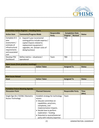 Committee Action Register – Pending Items
                                                         Responsible        Completion Date
Action Item       Comments/Progress Made                                                       Status
                                                         Party             Original Revised
Complete IS 5        Expand 5 year incremental                             TBD
year                 costing grid to include expense /
assessment /         capital impacts related to
estimate of          replacement equipment /
infrastructural      upgrades, etc. (known costs of
requirements         doing business)
and associated
cost
Develop ITSC      Define metrics – situational /         Team              TBD
Dashboard         operational

Open Issues (from previous meetings)
Issue                               Action Taken                           Assigned To         Status




New Issues Raised
Issue                                  Action Taken                        Assigned To         Status




Tentative Future Meeting Agenda
Discussion Point                       Planned Outcome                     Responsible Party   Time
                                                                                               (Min)
Single Sign On / CCOW / Biometric      Establish strategy for technology   Team
Access Technology                      access:
                                         Educate committee on
                                         capabilities, pros/cons,
                                         complexity, and
                                         implementation impacts.
                                         Decide how to perform
                                         exploration – funding
                                         Potential to neutral/external
                                         party with industry expertise
                                                   [7]                            ADMINISTRATION: LEADERSHIP
 