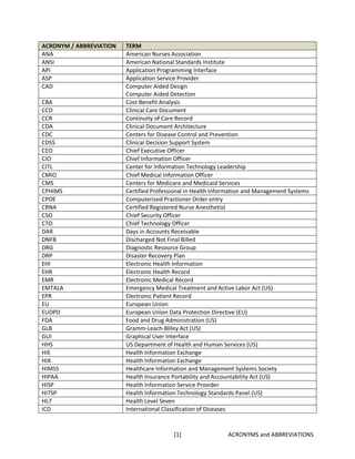 ACRONYM / ABBREVIATION   TERM
ANA                      American Nurses Association
ANSI                     American National Standards Institute
API                      Application Programming Interface
ASP                      Application Service Provider
CAD                      Computer Aided Design
                         Computer Aided Detection
CBA                      Cost Benefit Analysis
CCD                      Clinical Care Document
CCR                      Continuity of Care Record
CDA                      Clinical Document Architecture
CDC                      Centers for Disease Control and Prevention
CDSS                     Clinical Decision Support System
CEO                      Chief Executive Officer
CIO                      Chief Information Officer
CITL                     Center for Information Technology Leadership
CMIO                     Chief Medical Information Officer
CMS                      Centers for Medicare and Medicaid Services
CPHIMS                   Certified Professional in Health Information and Management Systems
CPOE                     Computerized Practioner Order entry
CRNA                     Certified Registered Nurse Anesthetist
CSO                      Chief Security Officer
CTO                      Chief Technology Officer
DAR                      Days in Accounts Receivable
DNFB                     Discharged Not Final Billed
DRG                      Diagnostic Resource Group
DRP                      Disaster Recovery Plan
EHI                      Electronic Health Information
EHR                      Electronic Health Record
EMR                      Electronic Medical Record
EMTALA                   Emergency Medical Treatment and Active Labor Act (US)
EPR                      Electronic Patient Record
EU                       European Union
EUDPD                    European Union Data Protection Directive (EU)
FDA                      Food and Drug Administration (US)
GLB                      Gramm-Leach-Bliley Act (US)
GUI                      Graphical User Interface
HHS                      US Department of Health and Human Services (US)
HIE                      Health Information Exchange
HIX                      Health Information Exchange
HIMSS                    Healthcare Information and Management Systems Society
HIPAA                    Health Insurance Portability and Accountability Act (US)
HISP                     Health Information Service Provider
HITSP                    Health Information Technology Standards Panel (US)
HL7                      Health Level Seven
ICD                      International Classification of Diseases


                                          [1]                 ACRONYMS and ABBREVIATIONS
 