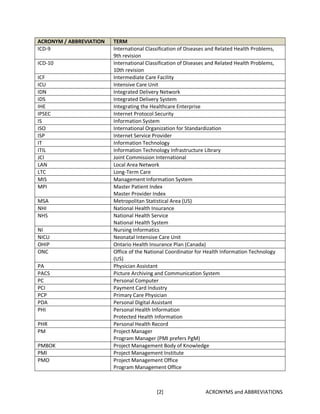 ACRONYM / ABBREVIATION   TERM
ICD-9                    International Classification of Diseases and Related Health Problems,
                         9th revision
ICD-10                   International Classification of Diseases and Related Health Problems,
                         10th revision
ICF                      Intermediate Care Facility
ICU                      Intensive Care Unit
IDN                      Integrated Delivery Network
IDS                      Integrated Delivery System
IHE                      Integrating the Healthcare Enterprise
IPSEC                    Internet Protocol Security
IS                       Information System
ISO                      International Organization for Standardization
ISP                      Internet Service Provider
IT                       Information Technology
ITIL                     Information Technology Infrastructure Library
JCI                      Joint Commission International
LAN                      Local Area Network
LTC                      Long-Term Care
MIS                      Management Information System
MPI                      Master Patient Index
                         Master Provider Index
MSA                      Metropolitan Statistical Area (US)
NHI                      National Health Insurance
NHS                      National Health Service
                         National Health System
NI                       Nursing Informatics
NICU                     Neonatal Intensive Care Unit
OHIP                     Ontario Health Insurance Plan (Canada)
ONC                      Office of the National Coordinator for Health Information Technology
                         (US)
PA                       Physician Assistant
PACS                     Picture Archiving and Communication System
PC                       Personal Computer
PCI                      Payment Card Industry
PCP                      Primary Care Physician
PDA                      Personal Digital Assistant
PHI                      Personal Health Information
                         Protected Health Information
PHR                      Personal Health Record
PM                       Project Manager
                         Program Manager (PMI prefers PgM)
PMBOK                    Project Management Body of Knowledge
PMI                      Project Management Institute
PMO                      Project Management Office
                         Program Management Office



                                           [2]                  ACRONYMS and ABBREVIATIONS
 