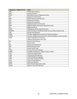 ACRONYM / ABBREVIATION   TERM
P&P                      Policies & Procedures
QOS                      Quality of Service
RAID                     Redundant Array of Independent Disks
RFI                      Request for Information
RFID                     Radio Frequency Identification
RFP                      Request for Proposal
RFQ                      Request for Quotation
REC                      Regional Extension Center (US)
RHIO                     Regional Health Information Organization (US)
RN                       Registered Nurse
RSNA                     Radiological Society of North America
SAMHSA                   Substance Abuse and Mental Health Services Administration (US)
SAN                      Storage Area Network
SBAR                     Situation, Background, Assessment, Recommendation
SBARC                    Situation, Background, Assessment, Recommendation, Communication
SDLC                     System Development Life Cycle
                         Software Development Life Cycle
SIG                      Special Interest Group
SL                       Service Level
SLA                      Service Level Agreement
SNF                      Skilled Nursing Facility
SSL                      Secure Socket Layer
ST&E                     Security Test and Evaluation
SWOT                     Strengths, Weaknesses, Opportunities, Threats
TCO                      Total Cost of Ownership
TQM                      Total Quality Management
UML                      Unified Modeling Language
VOIP                     Voice Over Internet Protocol
VPN                      Virtual Private Network
WAN                      Wide Area Network
WHO                      World Health Organization (UN)
WLAN                     Wireless Local Area Network




                                         [3]                ACRONYMS and ABBREVIATIONS
 
