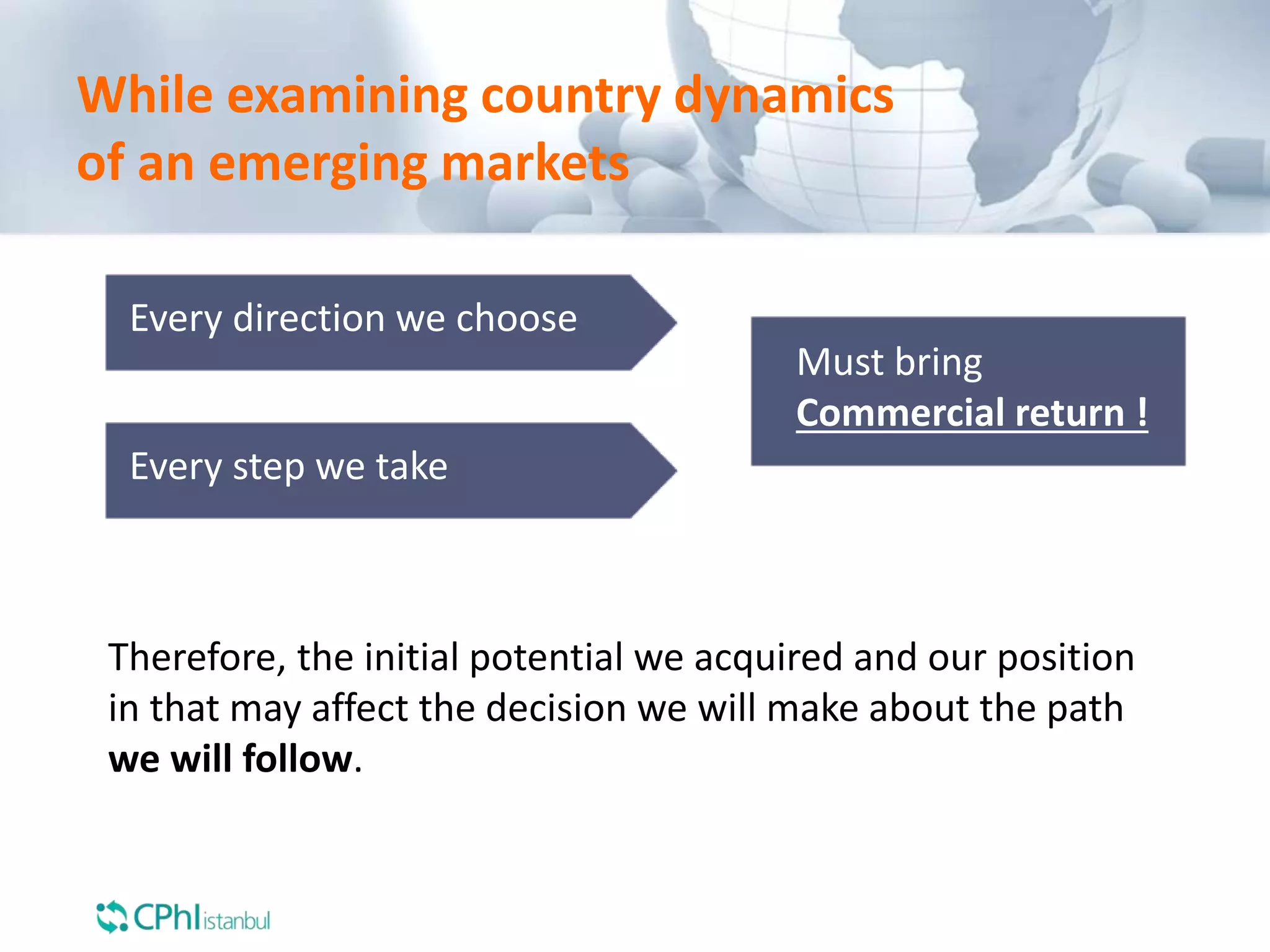 While examining country dynamics
of an emerging markets
Every direction we choose
Must bring
Commercial return !
Therefore, the initial potential we acquired and our position
in that may affect the decision we will make about the path
we will follow.
Every step we take
 