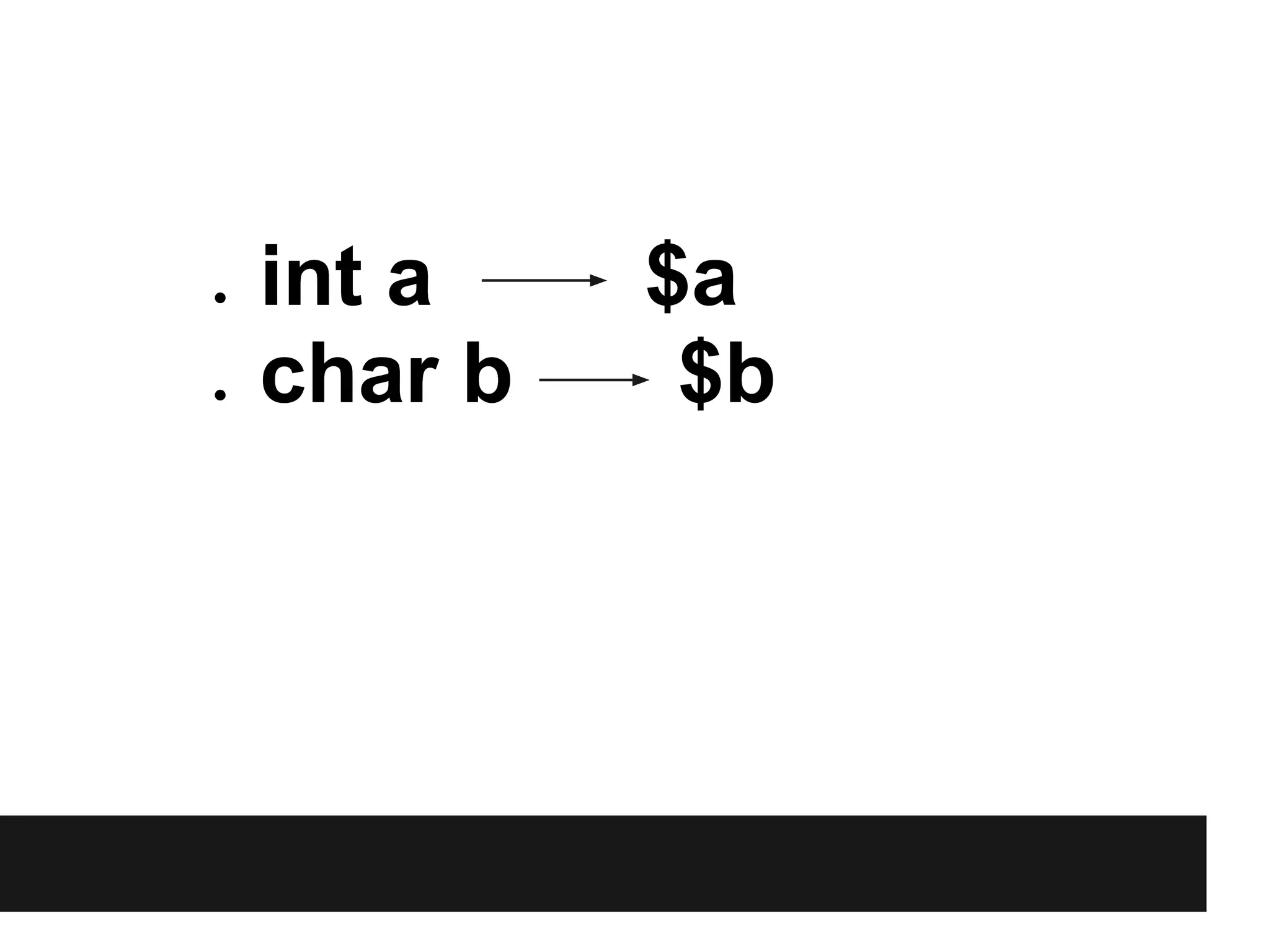 ●   int a    $a
●   char b    $b
 