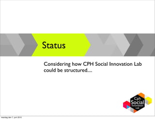 Status
                          Considering how CPH Social Innovation Lab
                          could be structured....




mandag den 7. juni 2010
 