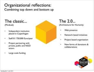 Organizational reﬂections:
      Combining top down and bottom up


       The classic...                        The 2.0...
       (MindLab)                             (Architecture for Humanity

       •      Independent institution         •   Web presence
              placed in Copenhagen
                                              •   Network based initiatives
       •      Staff: 8 / 750.000 Euro/year
                                              •   Project based organization
       •      Project partnering with
                                              •   New forms of donations &
              private, public and NGO
                                                  collaborations
              actors

       •      Large scale funding




mandag den 7. juni 2010
 