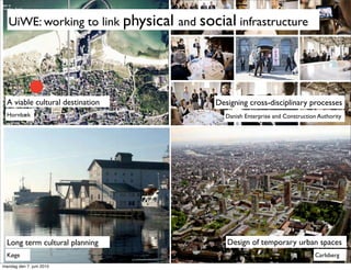 working to link physical and social infrastructure
   UiWE: er
   Tiden
   moden til nye
   samarbejder...


  A viable cultural destination           Designing cross-disciplinary processes
  Hornbæk                                    Danish Enterprise and Construction Authority




                                     14    Opsamling af initiativer




  Long term cultural planning                  Design of temporary urban spaces
  Køge                                                                        Carlsberg
mandag den 7. juni 2010
 