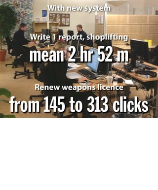 With new system 
Write 1 report, shoplifting 
mean 2 hr 52 m 
Renew weapons licence 
from 145 to 313 clicks 
 