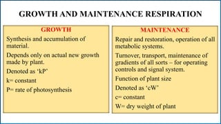 GROWTH AND MAINTENANCE RESPIRATION
GROWTH
Synthesis and accumulation of
material.
Depends only on actual new growth
made by plant.
Denoted as ‘kP’
k= constant
P= rate of photosynthesis
MAINTENANCE
Repair and restoration, operation of all
metabolic systems.
Turnover, transport, maintenance of
gradients of all sorts – for operating
controls and signal system.
Function of plant size
Denoted as ‘cW’
c= constant
W= dry weight of plant
 