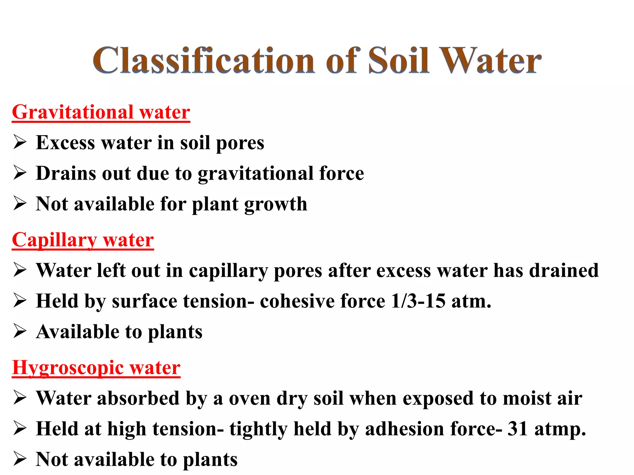 Gravitational water
 Excess water in soil pores
 Drains out due to gravitational force
 Not available for plant growth
Capillary water
 Water left out in capillary pores after excess water has drained
 Held by surface tension- cohesive force 1/3-15 atm.
 Available to plants
Hygroscopic water
 Water absorbed by a oven dry soil when exposed to moist air
 Held at high tension- tightly held by adhesion force- 31 atmp.
 Not available to plants
 