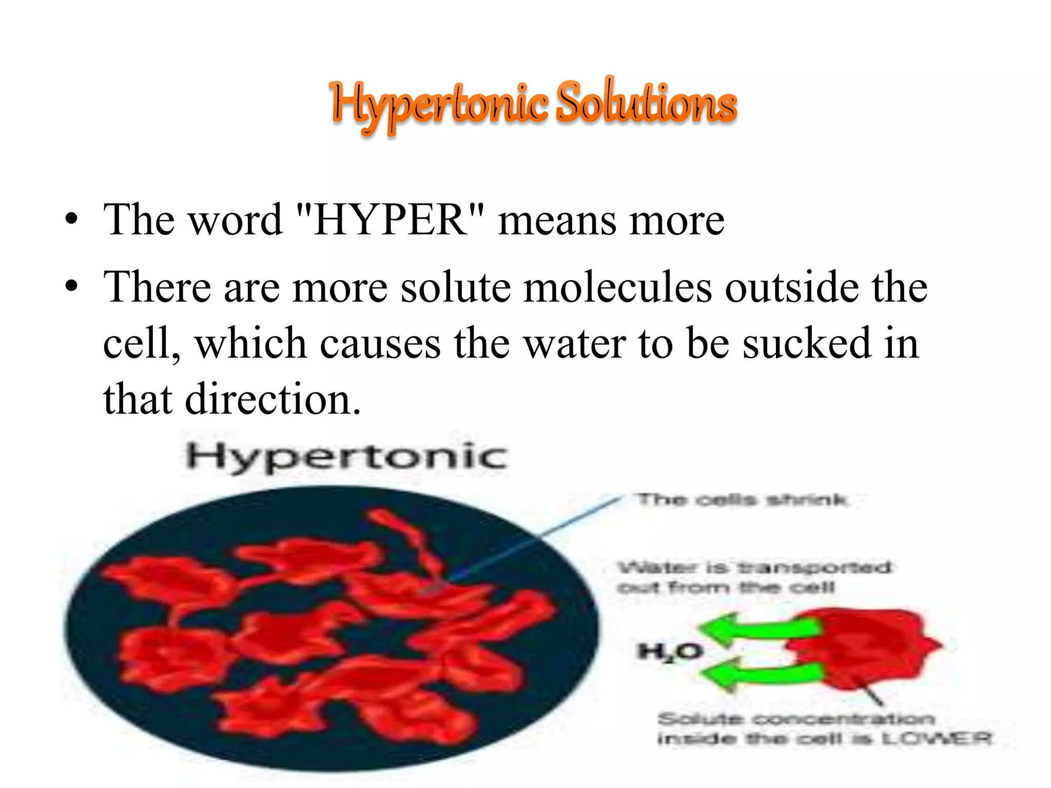 • The word "HYPER" means more
• There are more solute molecules outside the
cell, which causes the water to be sucked in
that direction.
 