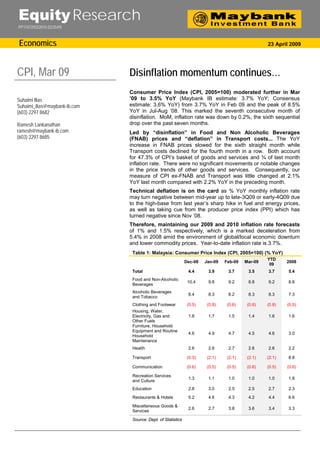 Equity Research
PP11072/03/2010 (023549)



Economics                                                                                         23 April 2009




CPI, Mar 09                    Disinflation momentum continues…
                               Consumer Price Index (CPI, 2005=100) moderated further in Mar
Suhaimi Ilias                  ’09 to 3.5% YoY (Maybank IB estimate: 3.7% YoY; Consensus
Suhaimi_ilias@maybank-ib.com   estimate: 3.6% YoY) from 3.7% YoY in Feb 09 and the peak of 8.5%
(603) 2297 8682                YoY in Jul-Aug ‘08. This marked the seventh consecutive month of
                               disinflation. MoM, inflation rate was down by 0.2%, the sixth sequential
Ramesh Lankanathan             drop over the past seven months.
ramesh@maybank-ib.com          Led by “disinflation” in Food and Non Alcoholic Beverages
(603) 2297 8685                (FNAB) prices and “deflation” in Transport costs... The YoY
                               increase in FNAB prices slowed for the sixth straight month while
                               Transport costs declined for the fourth month in a row. Both account
                               for 47.3% of CPI’s basket of goods and services and ¾ of last month
                               inflation rate. There were no significant movements or notable changes
                               in the price trends of other goods and services. Consequently, our
                               measure of CPI ex-FNAB and Transport was little changed at 2.1%
                               YoY last month compared with 2.2% YoY in the preceding month.
                               Technical deflation is on the card as % YoY monthly inflation rate
                               may turn negative between mid-year up to late-3Q09 or early-4Q09 due
                               to the high-base from last year’s sharp hike in fuel and energy prices,
                               as well as taking cue from the producer price index (PPI) which has
                               turned negative since Nov ‘08.
                               Therefore, maintaining our 2009 and 2010 inflation rate forecasts
                               of 1% and 1.5% respectively, which is a marked deceleration from
                               5.4% in 2008 amid the environment of global/local economic downturn
                               and lower commodity prices. Year-to-date inflation rate is 3.7%.
                                Table 1: Malaysia: Consumer Price Index (CPI, 2005=100) (% YoY)
                                                                                                  YTD
                                                              Dec-08   Jan-09   Feb-09   Mar-09           2008
                                                                                                   09
                                Total                          4.4      3.9      3.7      3.5     3.7     5.4
                                Food and Non-Alcoholic
                                                               10.4     9.8      9.2      8.8     9.2     8.8
                                Beverages
                                Alcoholic Beverages
                                                               8.4      8.3      8.2      8.3     8.3     7.3
                                and Tobacco
                                Clothing and Footwear          (0.5)    (0.8)    (0.6)    (0.6)   (0.8)   (0.5)
                                Housing, Water,
                                Electricity, Gas and           1.8      1.7      1.5      1.4     1.6     1.6
                                Other Fuels
                                Furniture, Household
                                Equipment and Routine
                                                               4.6      4.9      4.7      4.5     4.6     3.0
                                Household
                                Maintenance
                                Health                         2.6      2.6      2.7      2.6     2.6     2.2

                                Transport                      (0.3)    (2.1)    (2.1)    (2.1)   (2.1)   8.8

                                Communication                  (0.6)    (0.5)    (0.5)    (0.6)   (0.5)   (0.6)

                                Recreation Services
                                                               1.3      1.1      1.0      1.0     1.0     1.8
                                and Culture
                                Education                      2.8      3.0      2.5      2.5     2.7     2.3

                                Restaurants & Hotels           5.2      4.6      4.3      4.2     4.4     6.6
                                Miscellaneous Goods &
                                                               2.6      2.7      3.8      3.6     3.4     3.3
                                Services

                                Source: Dept. of Statistics
 