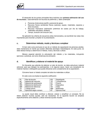USAID/OFDA / Capacitación para instructores




       El desarrollo de los puntos principales lleva implícita una «primera estimación del uso
de recursos». Esta estimación de recursos es preliminar y debe contemplar:

              •    Personas (Instructores (perfil) y personal de apoyo.
              •    Recursos físicos (ambientes físicos (salones), equipo, materiales, espacios y
                   otros recursos).
              •    Recursos financieros (estimación preliminar de costos por día de trabajo,
                   materiales calculados, etcétera).
              •    Tiempo, duración de la lección (es).

       Se aplicarán los criterios de secuencia antes mencionados y se escribirán las notas más
importantes para recordar y ampliar en la presentación.


c.                Determinar método, modo y técnicas a emplear
       Si bien este curso promueve el uso de un método de capacitación de personas adultas,
debe mantenerse en mente que existen diferentes abordajes metodológicos. En este punto, se
debe dedicar tiempo a determinar el método, modo y técnicas a utilizar.

         Merece especial atención la articulación del método y los materiales, incluyendo
ejercicios o prácticas, así como dinámicas de animación.


d.                Identificar y elaborar el material de apoyo
        Es frecuente que además de elaborar un plan de lección, se deba estructurar material
adicional, para que trabajen los participantes, o en algunos casos, hacer una recopilación de
material impreso o bibliografía que pueda ofrecerse como complemento de la capacitación.

          Conviene hacer un listado completo de todos los materiales a utilizar.

          En este curso se emplea la siguiente codificación:

     PL        Plan de lección                     PG      Papelógrafo
     MI        Material del instructor             TR      Transparencia
     MP        Material del participante           PZ      Pizarra
     MD        Material de distribución            DP      Diapositiva
     MR        Material de referencia              VD      Video
     TP        Trabajo previo                      MM      Multimedia
     E#        Ejercicios según número             EF      Ejercicio final

        La ayuda visual debe contribuir a afianzar, aclarar o simplificar un concepto. No se
deben elaborar muchas ayudas, sólo las necesarias. En la siguiente lección se ampliará
específicamente cómo elaborar y utilizar diversas ayudas visuales.




Rev. 01-2004                                                                                MR - 104
 