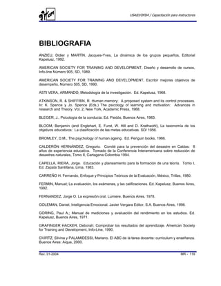 USAID/OFDA / Capacitación para instructores




BIBLIOGRAFIA
ANZIEU, Didier y MARTÍN, Jacques-Yves, La dinámica de los grupos pequeños, Editorial
Kapelusz, 1992.

AMERICAN SOCIETY FOR TRAINING AND DEVELOPMENT, Diseño y desarrollo de cursos,
Info-line Número 905, SD, 1989.

AMERICAN SOCIETY FOR TRAINING AND DEVELOPMENT, Escribir mejores objetivos de
desempeño, Número 505, SD, 1990.

ASTI VERA, ARMANDO; Metodología de la investigación. Ed. Kapelusz, 1968.

ATKINSON, R. & SHIFFRIN, R. Human memory: A proposed system and its control processes.
In: K. Spence y Jo. Spence (Eds.) The psicology of learning and motivation: Advances in
research and Theory. Vol. 2, New York, Academic Press, 1968.

BLEGER, J., Psicología de la conducta. Ed. Paidós, Buenos Aires, 1983.

BLOOM, Benjamin (and Englehart, E. Furst, W. Hill and D. Krathwohl), La taxonomía de los
objetivos educativos: La clasificación de las metas educativas. SD/ 1956.

BROMLEY, D.M., The psychology of human ageing. Ed. Penguin books, 1966.

CALDERÓN HERNÁNDEZ, Gregorio. Comité para la prevención del desastre en Caldas: 8
años de experiencia educativa. Tomado de la Conferencia Interamericana sobre reducción de
desastres naturales, Tomo II, Cartagena Colombia 1994.

CAPELLA, RIERA, Jorge. Educación y planeamiento para la formación de una teoría. Tomo I,
Ed. Zapata Santillana, Lima, 1983.

CARREÑO H. Fernando, Enfoque y Principios Teóricos de la Evaluación, México, Trillas, 1980.

FERMIN, Manuel; La evaluación, los exámenes, y las calificaciones. Ed. Kapelusz, Buenos Aires,
1992.

FERNANDEZ, Jorge O. La expresión oral, Lumiere, Buenos Aires, 1978.

GOLEMAN, Daniel, Inteligencia Emocional. Javier Vergara Editor, S.A. Buenos Aires, 1998.

GORING, Paul A.; Manual de mediciones y evaluación del rendimiento en los estudios. Ed.
Kapelusz, Buenos Aires, 1971.

GRAFINGER HACKER, Deborah; Comprobar los resultados del aprendizaje. American Society
for Training and Development, Info-Line, 1990.

GVIRTZ, Silvina y PALAMIDESSI, Mariano. El ABC de la tarea docente: currículum y enseñanza.
Buenos Aires: Aique, 2000.


Rev. 01-2004                                                                           MR - 119
 