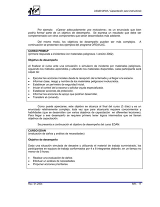 USAID/OFDA / Capacitación para instructores




        Por ejemplo: «Operar adecuadamente una motosierra», es un enunciado que bien
podría formar parte de un objetivo de desempeño. Se expresa un resultado que debe ser
complementado con otros componentes que serán desarrollados más adelante.

        Del mismo modo, los objetivos de desempeño pueden ser más complejos.                       A
continuación se presentan dos ejemplos del programa OFDA/LAC.

CURSO PRIMAP
(primera respuesta a incidentes con materiales peligrosos / versión 2002).

Objetivo de desempeño

Al finalizar el curso ante una simulación o simulacro de incidente por materiales peligrosos,
siguiendo los métodos aprendidos y utilizando los materiales disponibles, cada participante será
capaz de:

•   Ejecutar las acciones iniciales desde la recepción de la llamada y al llegar a la escena.
•   Informar clase, riesgo y nombre de los materiales peligrosos involucrados.
•   Establecer un perímetro de seguridad inicial.
•   Iniciar el control de la escena y solicitar ayuda especializada.
•   Establecer acciones de protección.
•   Informar las acciones de apoyo que podrían desarrollar.
•   Transferir el comando.


        Como puede apreciarse, este objetivo se alcanza al final del curso (3 días) y es un
enunciado relativamente complejo, toda vez que para alcanzarlo requiere conocimientos y
habilidades (que se desarrollan con varios objetivos de capacitación en diferentes lecciones).
Para llegar a ese desempeño se requiere primero tener logros intermedios que se llaman
objetivos de capacitación.

        Se presenta a continuación el objetivo de desempeño del curso EDAN:

CURSO EDAN
(evaluación de daños y análisis de necesidades)

Objetivo de desempeño

Dada una situación simulada de desastre y utilizando el material de trabajo suministrado, los
participantes en equipos de trabajo conformados por 4 a 8 integrantes deberán, en un tiempo no
menor de 5 horas:

•   Realizar una evaluación de daños
•   Efectuar un análisis de necesidades
•   Proponer acciones prioritarias




Rev. 01-2004                                                                                MR - 17
 
