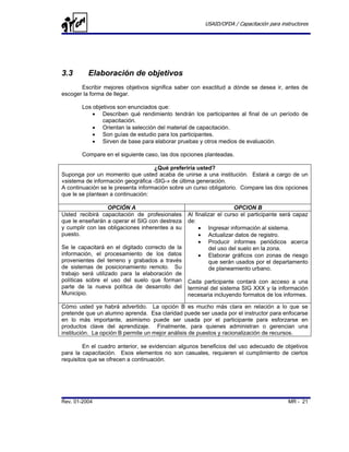 USAID/OFDA / Capacitación para instructores




3.3       Elaboración de objetivos
       Escribir mejores objetivos significa saber con exactitud a dónde se desea ir, antes de
escoger la forma de llegar.

       Los objetivos son enunciados que:
           • Describen qué rendimiento tendrán los participantes al final de un período de
               capacitación.
           • Orientan la selección del material de capacitación.
           • Son guías de estudio para los participantes.
           • Sirven de base para elaborar pruebas y otros medios de evaluación.

       Compare en el siguiente caso, las dos opciones planteadas.

                                    ¿Qué preferiría usted?
Suponga por un momento que usted acaba de unirse a una institución. Estará a cargo de un
«sistema de información geográfica -SIG-» de última generación.
A continuación se le presenta información sobre un curso obligatorio. Compare las dos opciones
que le se plantean a continuación:

                  OPCIÓN A                                           OPCION B
Usted recibirá capacitación de profesionales     Al finalizar el curso el participante será capaz
que le enseñarán a operar el SIG con destreza    de:
y cumplir con las obligaciones inherentes a su        • Ingresar información al sistema.
puesto.                                               • Actualizar datos de registro.
                                                      • Producir informes periódicos acerca
Se le capacitará en el digitado correcto de la            del uso del suelo en la zona.
información, el procesamiento de los datos            • Elaborar gráficos con zonas de riesgo
provenientes del terreno y grabados a través              que serán usados por el departamento
de sistemas de posicionamiento remoto. Su                 de planeamiento urbano.
trabajo será utilizado para la elaboración de
políticas sobre el uso del suelo que forman      Cada participante contará con acceso a una
parte de la nueva política de desarrollo del     terminal del sistema SIG XXX y la información
Municipio.                                       necesaria incluyendo formatos de los informes.

Cómo usted ya habrá advertido. La opción B es mucho más clara en relación a lo que se
pretende que un alumno aprenda. Esa claridad puede ser usada por el instructor para enfocarse
en lo más importante, asimismo puede ser usada por el participante para esforzarse en
productos clave del aprendizaje. Finalmente, para quienes administran o gerencian una
institución. La opción B permite un mejor análisis de puestos y racionalización de recursos.

         En el cuadro anterior, se evidencian algunos beneficios del uso adecuado de objetivos
para la capacitación. Esos elementos no son casuales, requieren el cumplimiento de ciertos
requisitos que se ofrecen a continuación.




Rev. 01-2004                                                                             MR - 21
 