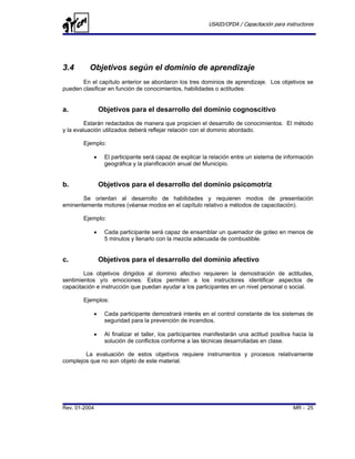 USAID/OFDA / Capacitación para instructores




3.4       Objetivos según el dominio de aprendizaje
       En el capítulo anterior se abordaron los tres dominios de aprendizaje. Los objetivos se
pueden clasificar en función de conocimientos, habilidades o actitudes:


a.             Objetivos para el desarrollo del dominio cognoscitivo
         Estarán redactados de manera que propicien el desarrollo de conocimientos. El método
y la evaluación utilizados deberá reflejar relación con el dominio abordado.

       Ejemplo:

           •    El participante será capaz de explicar la relación entre un sistema de información
                geográfica y la planificación anual del Municipio.


b.             Objetivos para el desarrollo del dominio psicomotriz
       Se orientan al desarrollo de habilidades y requieren modos de presentación
eminentemente motores (véanse modos en el capítulo relativo a métodos de capacitación).

       Ejemplo:

           •    Cada participante será capaz de ensamblar un quemador de goteo en menos de
                5 minutos y llenarlo con la mezcla adecuada de combustible.


c.             Objetivos para el desarrollo del dominio afectivo
        Los objetivos dirigidos al dominio afectivo requieren la demostración de actitudes,
sentimientos y/o emociones. Estos permiten a los instructores identificar aspectos de
capacitación e instrucción que puedan ayudar a los participantes en un nivel personal o social.

       Ejemplos:

           •    Cada participante demostrará interés en el control constante de los sistemas de
                seguridad para la prevención de incendios.

           •    Al finalizar el taller, los participantes manifestarán una actitud positiva hacia la
                solución de conflictos conforme a las técnicas desarrolladas en clase.

        La evaluación de estos objetivos requiere instrumentos y procesos relativamente
complejos que no son objeto de este material.




Rev. 01-2004                                                                               MR - 25
 