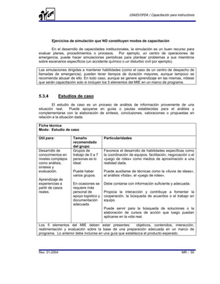 USAID/OFDA / Capacitación para instructores




        Ejercicios de simulación que NO constituyen modos de capacitación

        En el desarrollo de capacidades institucionales, la simulación es un buen recurso para
evaluar planes, procedimientos o procesos. Por ejemplo, un centro de operaciones de
emergencia, puede hacer simulaciones periódicas para plantear problemas a sus miembros
sobre escenarios específicos (un accidente químico o un disturbio civil por ejemplo).

Las simulaciones dirigidas a mantener habilidades (como el caso de un centro de despacho de
llamadas de emergencia), pueden tener tiempos de duración mayores, aunque tampoco se
recomienda abusar de ello. En todo caso, aunque se genere aprendizaje en las mismas, nótese
que serán capacitación solo si incluyen los 5 elementos del MIE en un marco de programa.


5.3.4        Estudios de caso
        El estudio de caso es un proceso de análisis de información proveniente de una
situación real.      Puede apoyarse en guías o pautas establecidas para el análisis y
complementarse con la elaboración de síntesis, conclusiones, valoraciones o propuestas en
relación a la situación dada.

Ficha técnica
Modo: Estudio de caso

Útil para:          Tamaño              Particularidades
                    recomendado
                    del grupo
Desarrollo de       Grupos de           Favorece el desarrollo de habilidades específicas como
conocimientos en    trabajo de 5 a 7    la coordinación de equipos, facilitación, negociación o el
niveles complejos   personas es lo      «juego de roles» como medios de aproximación a una
como análisis,      ideal.              realidad dada.
síntesis y
evaluación.         Puede haber         Puede auxiliarse de técnicas como la «lluvia de ideas»,
                    varios grupos.      el análisis «foda», el «juego de roles».
Aprendizaje de
experiencias a      En ocasiones se     Debe contarse con información suficiente y adecuada.
partir de casos     requiere más
reales.             personal de         Propicia la interacción y contribuye a fomentar la
                    apoyo logístico y   cooperación, la búsqueda de acuerdos o el trabajo en
                    documentación       equipo.
                    adecuada.
                                        Puede servir para la búsqueda de soluciones o la
                                        elaboración de cursos de acción que luego puedan
                                        aplicarse en la vida real.

Los 5 elementos del MIE deben estar presentes:              objetivos, contenidos, interacción,
realimentación y evaluación sobre la base de una preparación adecuada en un marco de
programa. Lo anterior debe incluirse en una guía que establezca el producto esperado.




Rev. 01-2004                                                                              MR - 50
 