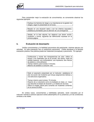 USAID/OFDA / Capacitación para instructores




        Para comprender mejor la evaluación de conocimientos, es conveniente observar los
siguientes ejemplos:

                Explique los factores de riesgo y su importancia en la gestión de
                riesgos, según lo presentado en el Curso.

                Basado en una situación dada y con los criterios expuestos,
                establezca prioridades para la atención de una emergencia.

                Señale, en la lista adjunta, los objetivos que tienen acción,
                condición y norma, siguiendo las definiciones impresas en la
                primera página.


b.             Evaluación de desempeño
        Verifica conocimientos y la habilidad psicomotora del participante, mientras ejecuta una
actividad. En esta evaluación hay un predominio psicomotriz. Puede asimilarse a la llamada
evaluación práctica. Esa práctica puede ser intelectual (conceptual) o psicomotriz. Por ejemplo:


                Confeccione y monte dos transparencias de color. Utilice el
                equipo y los materiales que se le provee: dos textos, hojas de
                acetato especial, una computadora, una impresora, dos marcos
                de plástico y cinta adhesiva.
                Tiempo máximo para la tarea: 5 minutos.
                Máximo de acetatos a consumir: dos.



                Dado el escenario presentado por el instructor, establezca el
                plan de acción del incidente que incluya asignaciones tácticas y
                una estructura organizativa.

                Tiempo máximo para la tarea: 15 minutos.
                Dispone de un escenario como el empleado en clase, un mapa
                que describe el estado de situación y un listado de recursos.
                Utilice el modelo oficial para comando de incidentes contenido
                en la norma 23-2003.


         En ambos casos, conocimientos y habilidades aplicados, serán evaluados por el
instructor mientas la persona ejecuta la tarea (desempeño) en su presencia y en las condiciones
similares a las reales.




Rev. 01-2004                                                                              MR - 59
 