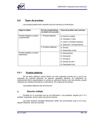 USAID/OFDA / Capacitación para instructores




6.5       Tipos de pruebas
        Las pruebas pueden tener variantes como se menciona a continuación.


  Según el objeto                Por las características     Tipos de pruebas más comunes
                                 de diseño de la prueba

  Pruebas dirigidas a evaluar    1. Pruebas objetivas        a) Elección múltiple
  conocimientos
                                                             b) Verdadero / Falso
                                                             c) Llenar o completar espacios
                                                             d) Selección / correspondencia
                                 2. Pruebas subjetivas       a) Ensayo
                                                             b) Respuestas cortas
  Pruebas dirigidas a evaluar                                a) Demostración
  desempeño
                                                             b) Simulación
                                                             c) Simulacro
                                                             d) Estudio de caso
                                                             e) Desempeño real




6.5.1       Pruebas objetivas
         Se las llama objetivas, porque tienen una sola respuesta correcta por lo que al ser
evaluadas por distintas personas, se obtienen resultados idénticos. Su elaboración es
relativamente difícil y especializada, en cambio su calificación tiende a ser más sencilla y puede
realizarse por métodos automáticos o informáticos. Por lo general son escritas.

        Las pruebas objetivas más comunes son:


a.             Elección múltiple
        Consiste en un enunciado que es una afirmación o una pregunta, seguido por 4 ó 5
posibles respuestas, de las cuales una sola es correcta.

        Las otras opciones, llamadas distractores, deben ser convincentes, pues si no lo son,
estarán indicando cuál es la correcta.




Rev. 01-2004                                                                               MR - 66
 