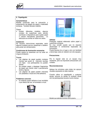 USAID/OFDA / Capacitación para instructores




6. Papelógrafo

Características
Mueble construido para la colocación y
presentación de pliegos de papel o materiales
similares. También llamado rotafolio.

Clases
• Existen diferentes modelos, algunos
    constan de superficies para escribir
    (acrílicas) o dispositivos para sujetar papel
    o colocar marcadores (plumones).          La
    estructura es similar en todos los casos.
                                                    Utilidad
Instalación                                         Presentar material elaborado sobre papel o
No requiere instrucciones especiales, salvo         superficies similares.
algunos modelos que se «desarman o doblan»          Es muy versátil puesto que no requiere
para poder ser almacenados.                         electricidad ni condiciones especiales de
                                                    iluminación.
Condiciones de iluminación necesarias               Puede llevarse de un lugar a otro con facilidad
Puede usarse en exteriores con luz solar sin        y tiene bajo costo en relación con otro equipos.
ninguna limitación.
                                                    Precauciones
Trucos
• Las páginas de papel pueden contener              Por lo regular este es un equipo muy
   marcas que guíen al instructor escritas          resistente, pero es importante almacenarlo con
   con lápiz. Los participantes no pueden           cuidado.
   leerlas.
• Se pueden pegar y despegar fragmentos             Recomendaciones
   de papel que cubran total o parcialmente
   textos y figuras.                                Aplique los principios para todas los apoyos
• Las páginas de papel pueden marcarse              visuales expuestos en este material.
   con pestañas o trozos de cinta adhesiva.
                                                    Cuando utilice un papelógrafo o cualquier
                                                    ayuda, procure no perder el contacto visual
Problemas comunes                                   con los participantes durante mucho tiempo.
• El material puede dañarse al ser enrollado
   o por efecto del uso, la humedad o el sol.




                                                    Modelo que además funciona como pizarra.




Rev. 01-2004                                                                                   MR - 90
 