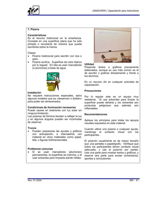 USAID/OFDA / Capacitación para instructores




7. Pizarra

Características
Es el recurso tradicional en la enseñanza.
Consiste en una superficie plana que ha sido
pintada o recubierta de manera que pueda
escribirse sobre la misma.

Clases
• Pizarra tradicional para escribir con tiza o
    yeso.
• Pizarra acrílica. Superficie de color blanco
    por lo regular. En ella se usan marcadores      Utilidad
    (o plumones) a base de agua.                    Presentar textos o gráficos previamente
                                                    elaborados, aunque su uso más común es el
                                                    de escribir o graficar directamente y frente a
                                                    los alumnos.

                                                    Es un recurso útil en cualquier actividad de
                                                    capacitación.

                                                    Precauciones
Instalación
No requiere instrucciones especiales, salvo         Por lo regular este es un equipo muy
algunos modelos que se «desarman o doblan»          resistente. Si usa solventes para limpiar la
para poder ser almacenados.                         superficie puede dañarla y los solventes son
                                                    productos peligrosos que además son
Condiciones de iluminación necesarias               inflamables.
Puede usarse en exteriores con luz solar sin
ninguna limitación.                                 Recomendaciones
Las pizarras de fórmica tienden a reflejar la luz
y en algunos ángulos pueden ser incómodas           Aplique los principios para todas los apoyos
de observar.                                        visuales expuestos en este material.
Trucos                                              Cuando utilice una pizarra o cualquier ayuda,
• Pueden prepararse las ayudas y gráficos           mantenga el contacto visual con los
   con anticipación, e intercalarlos con            participantes.
   material en otros materiales como papel,
   tela, o figuras tridimensionales.                El pizarrón usualmente es de mayor tamaño
                                                    que una pantalla o papelógrafo. Verifique que
                                                    todos los participantes tienen contacto visual
Problemas comunes                                   adecuado, y use el pizarrón por partes:
• Si se usan marcadores (plumones)                  Use una parte para mostrar textos y gráficos, y
   permanentes, la superficie se mancha, y al       reserve otra parte para anotar comentarios,
   usar solventes para limpiarla pierde nitidez.    aportes y conclusiones.




Rev. 01-2004                                                                                MR - 91
 