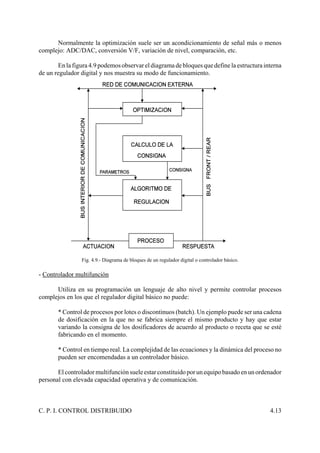 C. P. I. CONTROL DISTRIBUIDO 4.13
Normalmente la optimización suele ser un acondicionamiento de señal más o menos
complejo: ADC/DAC, conversión V/F, variación de nivel, comparación, etc.
En la figura 4.9 podemos observar el diagrama de bloques que define la estructura interna
de un regulador digital y nos muestra su modo de funcionamiento.
Fig. 4.9.- Diagrama de bloques de un regulador digital o controlador básico.
- Controlador multifunción
Utiliza en su programación un lenguaje de alto nivel y permite controlar procesos
complejos en los que el regulador digital básico no puede:
* Control de procesos por lotes o discontinuos (batch). Un ejemplo puede ser una cadena
de dosificación en la que no se fabrica siempre el mismo producto y hay que estar
variando la consigna de los dosificadores de acuerdo al producto o receta que se esté
fabricando en el momento.
* Control en tiempo real. La complejidad de las ecuaciones y la dinámica del proceso no
pueden ser encomendadas a un controlador básico.
Elcontroladormultifunciónsueleestarconstituidoporunequipobasadoenunordenador
personal con elevada capacidad operativa y de comunicación.
 