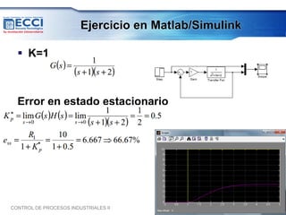 Ejercicio en Matlab/Simulink

     K=1



    Error en estado estacionario
*



         *




CONTROL DE PROCESOS INDUSTRIALES II                AGOSTO DE 2012
 