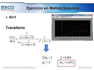 Ejercicio en Matlab/Simulink

   K=1

  Transitorio




CONTROL DE PROCESOS INDUSTRIALES II                AGOSTO DE 2012
 