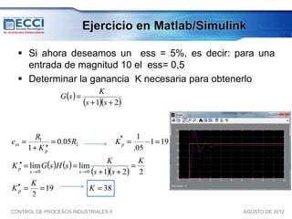Ejercicio en Matlab/Simulink

   Si ahora deseamos un ess = 5%, es decir: para una
    entrada de magnitud 10 el ess= 0,5
   Determinar la ganancia K necesaria para obtenerlo




                                      *
           *

  *


  *


CONTROL DE PROCESOS INDUSTRIALES II                AGOSTO DE 2012
 