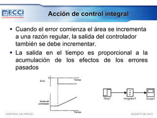 Acción de control integral

   Cuando el error comienza el área se incrementa
    a una razón regular, la salida del controlador
    también se debe incrementar.
   La salida en el tiempo es proporcional a la
    acumulación de los efectos de los errores
    pasados




CONTROL DE PROCESOS INDUSTRIALES II                     AGOSTO DE 2012
 