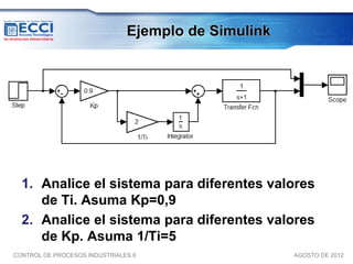 Ejemplo de Simulink




  1. Analice el sistema para diferentes valores
     de Ti. Asuma Kp=0,9
  2. Analice el sistema para diferentes valores
     de Kp. Asuma 1/Ti=5
CONTROL DE PROCESOS INDUSTRIALES II                   AGOSTO DE 2012
 