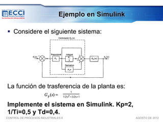 Ejemplo en Simulink

 Considere el siguiente sistema:




La función de trasferencia de la planta es:

Implemente el sistema en Simulink. Kp=2,
1/Ti=0,5 y Td=0,4.
CONTROL DE PROCESOS INDUSTRIALES II                   AGOSTO DE 2012
 