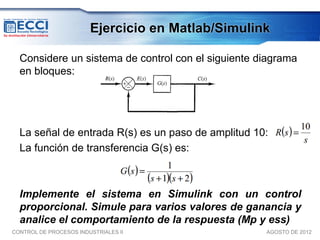 Ejercicio en Matlab/Simulink

  Considere un sistema de control con el siguiente diagrama
  en bloques:




  La señal de entrada R(s) es un paso de amplitud 10:
  La función de transferencia G(s) es:



  Implemente el sistema en Simulink con un control
  proporcional. Simule para varios valores de ganancia y
  analice el comportamiento de la respuesta (Mp y ess)
CONTROL DE PROCESOS INDUSTRIALES II                 AGOSTO DE 2012
 
