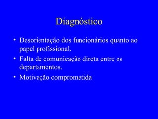 Diagnóstico Desorientação dos funcionários quanto ao papel profissional.  Falta de comunicação direta entre os departamentos. Motivação comprometida 