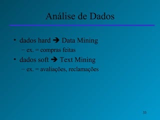 Análise de Dados dados hard    Data Mining ex. = compras feitas dados soft    Text Mining ex. = avaliações, reclamações 
