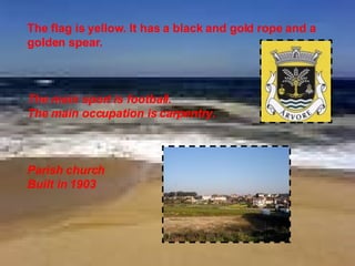 The flag is yellow. It has a black and gold rope and a golden spear.  The main sport is football. The main occupation is carpentry . Parish church Built in 1903 
