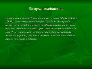 Sinapses excitatórias Causam uma mudança elétrica excitatória no potencial pós-sináptico (EPSP). Isso acontece quando o efeito líquido da liberação do transmissor é para despolarizar a membrana, levando-o a um valor mais próximo do limiar elétrico  para disparar um potencial de ação. Esse efeito  é tipicamente  mediado pela abertura dos canais da membrana (tipos de poros que atravessam as membranas celulares para os íons cálcio e potássio.   