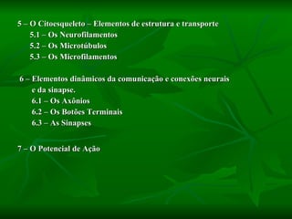 5 – O Citoesqueleto – Elementos de estrutura e transporte 5.1 – Os Neurofilamentos 5.2 – Os Microtúbulos 5.3 – Os Microfilamentos 6 – Elementos dinâmicos da comunicação e conexões neurais  e da sinapse. 6.1 – Os Axônios 6.2 – Os Botões Terminais 6.3 – As Sinapses 7 – O Potencial de Ação   