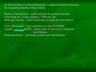 Os Microtúbulos e os Neurofilamentos = responsável pelos processos De transporte plsmático lento e rápido. Rápido (Anterógrado) – mesma direção do potencial de ação. Velocidade até o botão sináptico = 400 mm/ dia Molécula cinesina = cílios (localizado no corpo do microtúbulo) Lento (Retrógado) = leva a proteína ao redor do SOMA Axônio  SOMA  (alerta sobre as alterações e requisitos  metabólicos) Molécula dineína = localizada também nos microtúbulos 