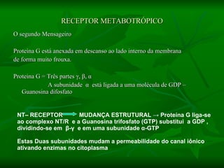 RECEPTOR METABOTRÓPICO O segundo Mensageiro Proteína G está anexada em descanso ao lado interno da membrana de forma muito frouxa. Proteina G = Três partes  γ ,  β ,  α A subunidade  α   está ligada a uma molécula de GDP – Guanosina difosfato NT– RECEPTOR  MUDANÇA ESTRUTURAL -> Proteína G liga-se ao complexo NT/R  e a Guanosina trifosfato (GTP) substitui  a GDP , dividindo-se em  β - γ   e em uma subunidade  α -GTP Estas Duas subunidades mudam a permeabilidade do canal iônico ativando enzimas no citoplasma 