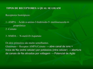 TIPOS DE RECEPTORES A QUAL SE LIGAM Receptores Inotrópicos: 1 -AMPA – Ácido  α -amino-3-hidróxido-5- metilssoxazole-4- propriônico 2 -Cainato 3 -NMDA –  N-metil-D-Aspartato Os dois primeiros são muito semelhantes. Glutamato + Receptor AMPA/Cainato  -> abre canal de ions =  troca de Na (extra celular) por potássios (intra celular) -> abertura  de canais de Na ativados por voltagem -> Potencial de Ação 