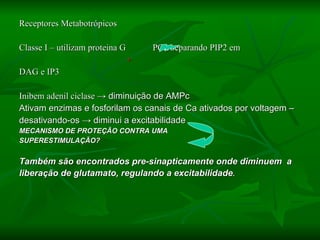 Receptores Metabotrópicos Classe I – utilizam proteina G  PCL separando PIP2 em + DAG e IP3 Inibem adenil ciclase  -> diminuição de AMPc Ativam enzimas e fosforilam os canais de Ca ativados por voltagem – desativando-os -> diminui a excitabilidade MECANISMO DE PROTEÇÃO CONTRA UMA  SUPERESTIMULAÇÃO? Também são encontrados pre-sinapticamente onde diminuem  a  liberação de glutamato, regulando a excitabilidade . 