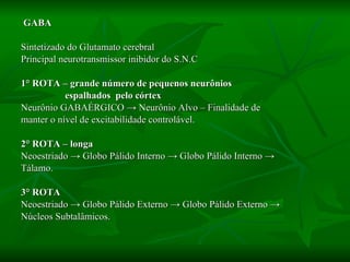 GABA Sintetizado do Glutamato cerebral Principal neurotransmissor inibidor do S.N.C 1° ROTA – grande número de pequenos neurônios  espalhados  pelo córtex Neurônio GABAÉRGICO  ->  Neurônio Alvo – Finalidade de  manter o nível de excitabilidade controlável. 2° ROTA – longa Neoestriado  -> Globo Pálido Interno -> Globo Pálido Interno -> Tálamo. 3° ROTA Neoestriado  -> Globo Pálido Externo -> Globo Pálido Externo -> Núcleos Subtalâmicos. 
