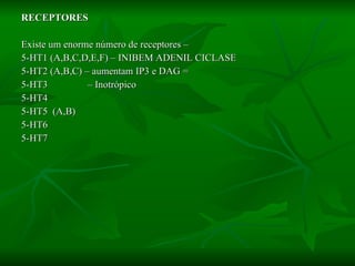 RECEPTORES Existe um enorme número de receptores –  5-HT1 (A,B,C,D,E,F) – INIBEM ADENIL CICLASE 5-HT2 (A,B,C) – aumentam IP3 e DAG =  5-HT3  – Inotrópico 5-HT4 5-HT5  (A,B) 5-HT6 5-HT7 