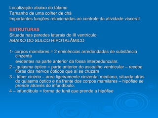 Localização abaixo do tálamo Tamanho de uma colher de chá Importantes funções relacionadas ao controle da atividade visceral ESTRUTURAS Situada nas paredes laterais do III ventrículo ABAIXO DO SULCO HIPOTALÂMICO 1- corpos mamilares = 2 eminências arredondadas de substância cinzenta evidentes na parte anterior da fossa interpeduncular. 2 – quiasma óptico = parte anterior do assoalho ventricular – recebe fibras dos nervos ópticos que aí se cruzam 3 – túber cinério – área ligeiramente cinzenta, mediana, situada atrás do quiasma óptico e na frente dos corpos mamilares – hipófise se prende através do infundíbulo. 4 – infundíbulo = forma de funil que prende a hipófise 