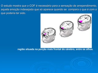 O estudo mostra que o COF é necessário para a sensação de arrependimento, aquela emoção indesejada que só aparece quando se  compara o que é com o que poderia ter sido.  região situada na porção mais frontal do cérebro, entre os olhos .   